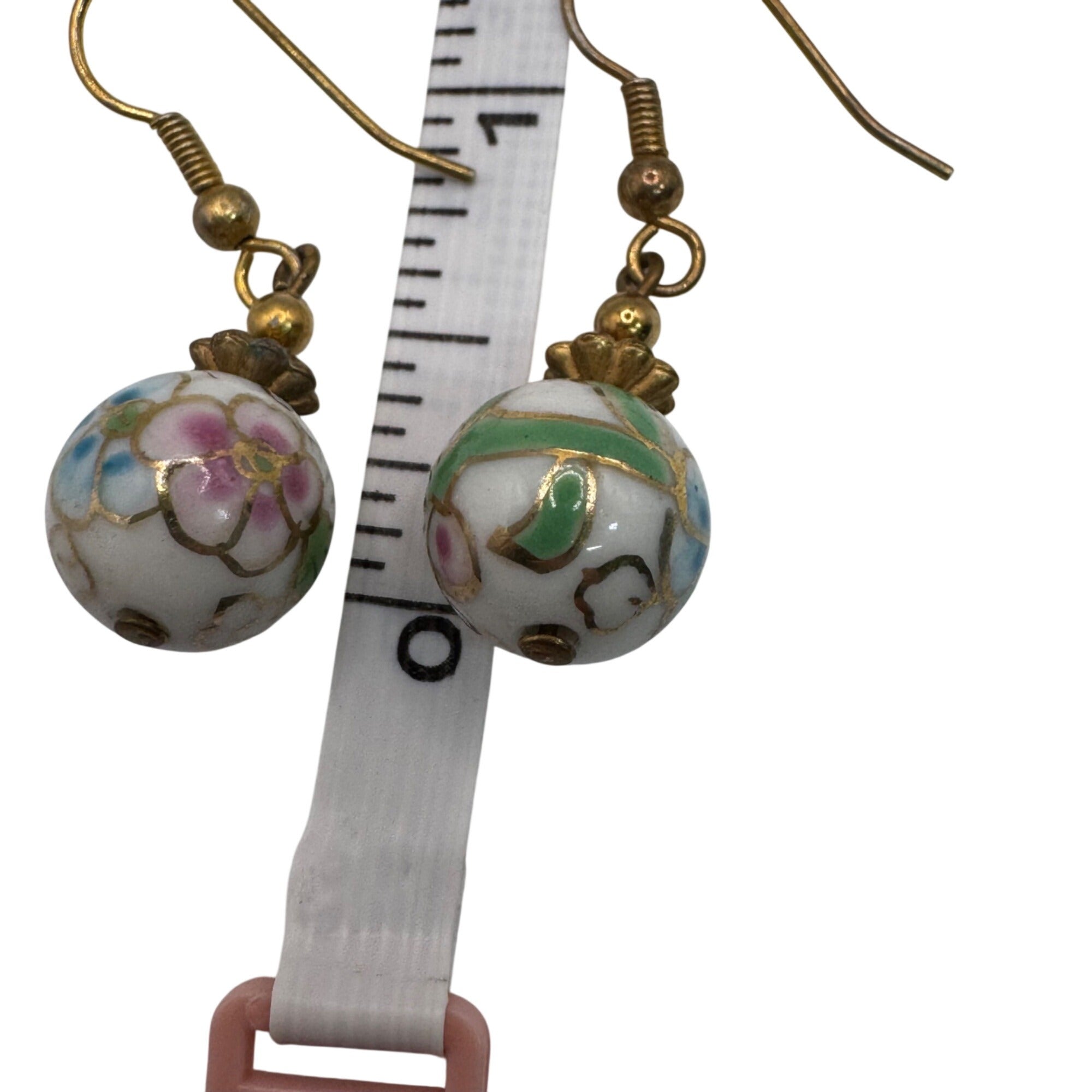Wild Bryde 14K Gold Filled Cloisonné Dangle Earrings Floral Design Pink Green