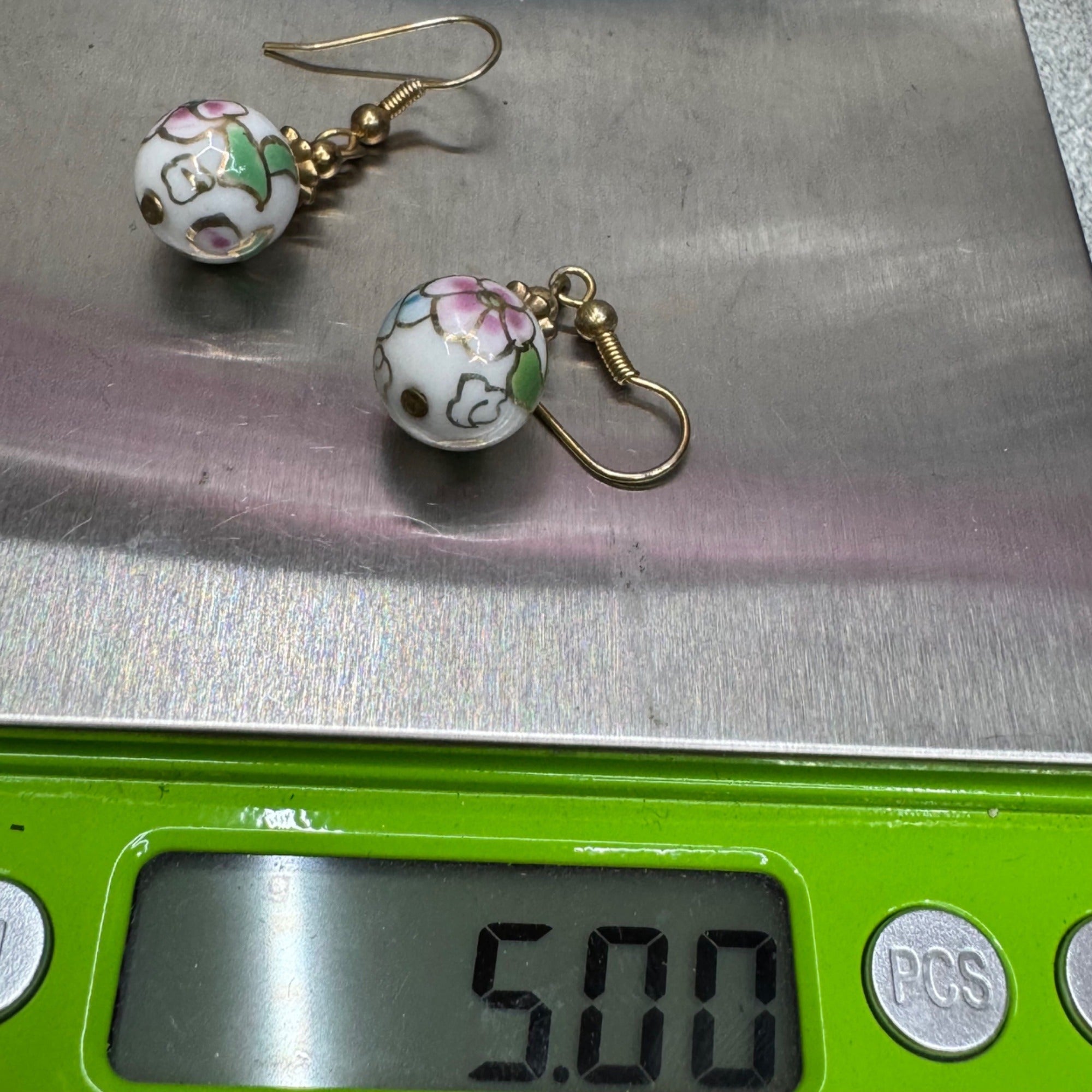 Wild Bryde 14K Gold Filled Cloisonné Dangle Earrings Floral Design Pink Green