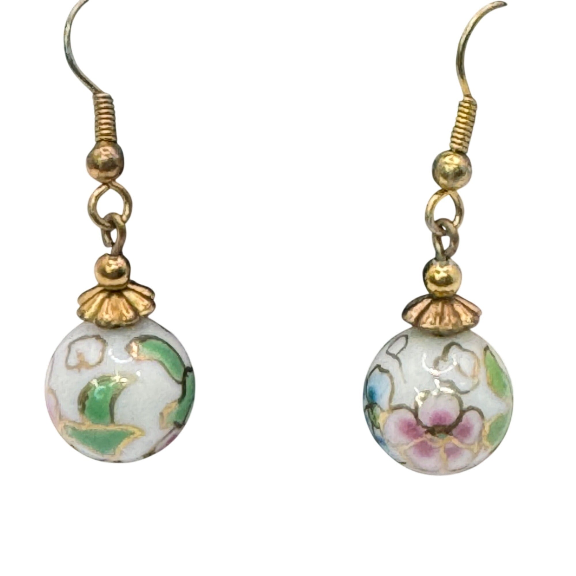 Wild Bryde 14K Gold Filled Cloisonné Dangle Earrings Floral Design Pink Green