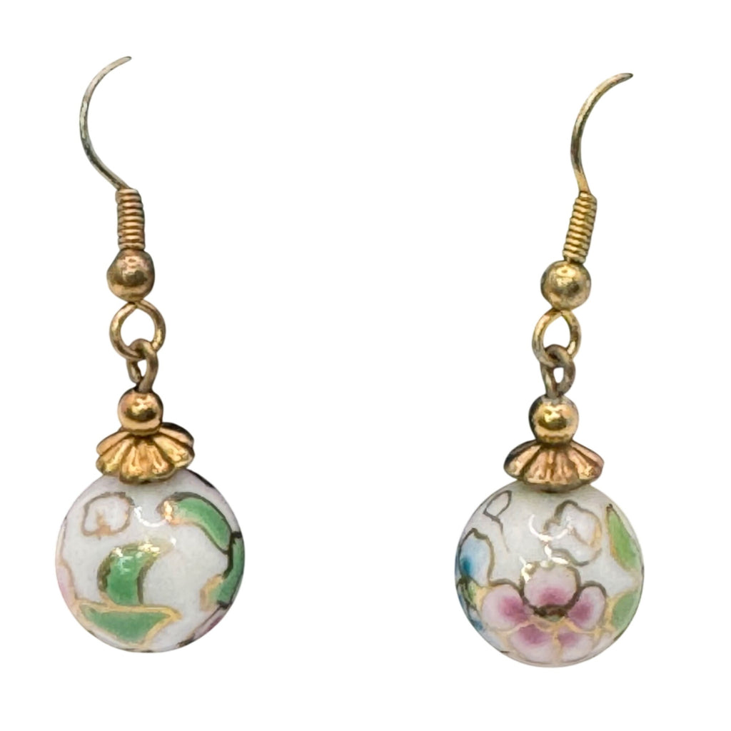 Wild Bryde 14K Gold Filled Cloisonné Dangle Earrings Floral Design Pink Green
