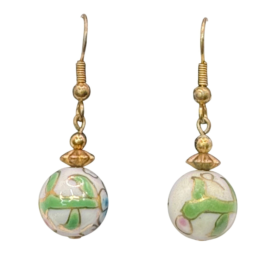 Wild Bryde 14K Gold Filled Cloisonné Dangle Earrings Floral Design Pink Green