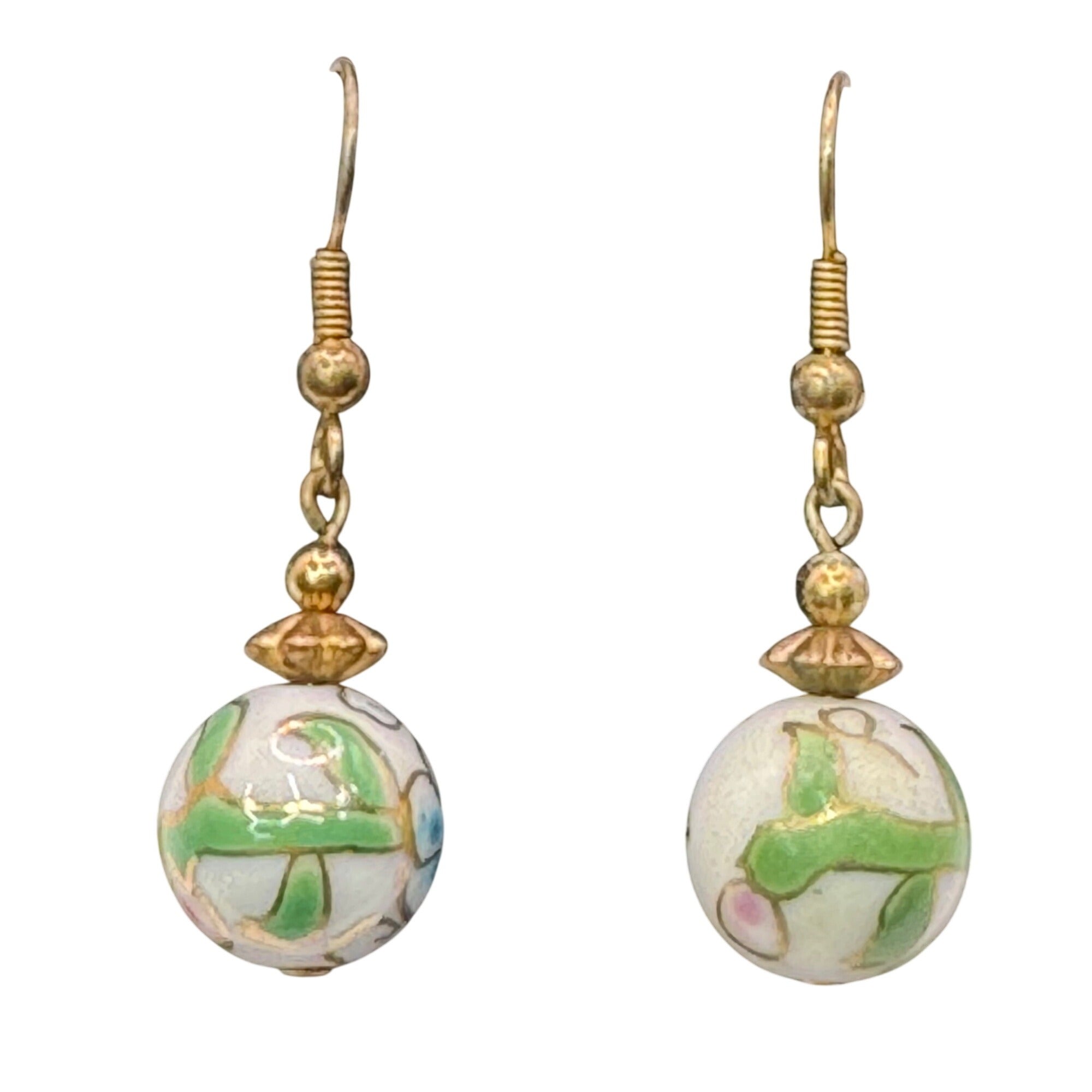 Wild Bryde 14K Gold Filled Cloisonné Dangle Earrings Floral Design Pink Green