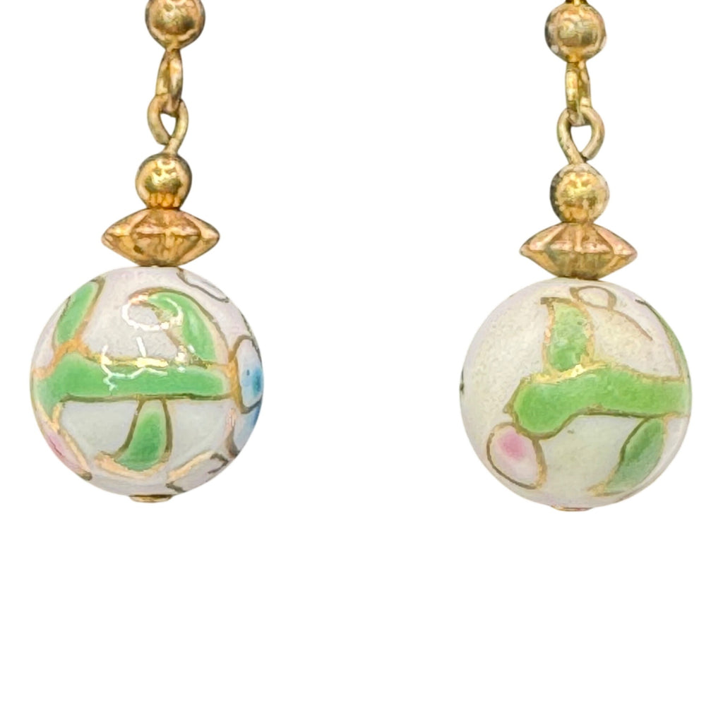 Wild Bryde 14K Gold Filled Cloisonné Dangle Earrings Floral Design Pink Green