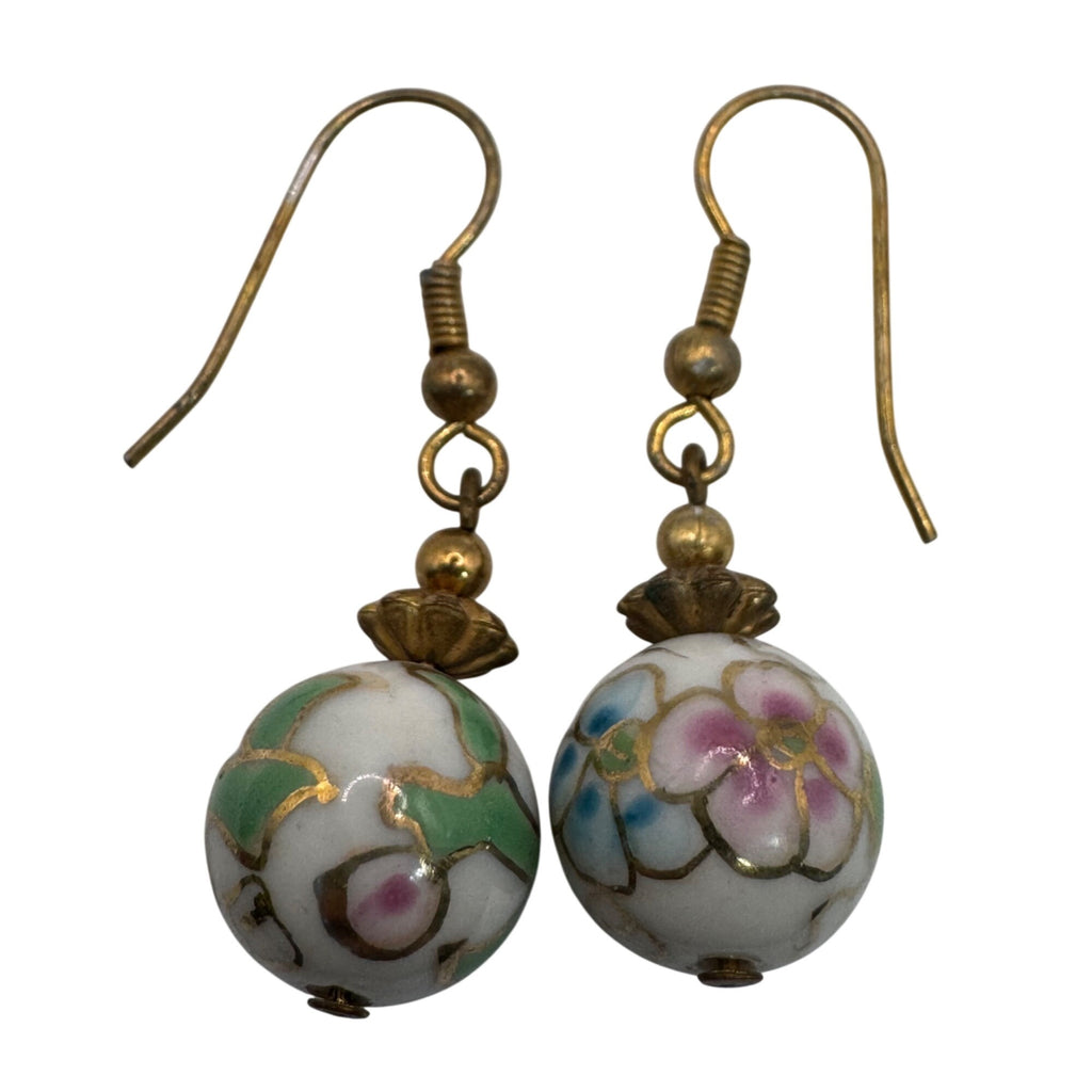 Wild Bryde 14K Gold Filled Cloisonné Dangle Earrings Floral Design Pink Green