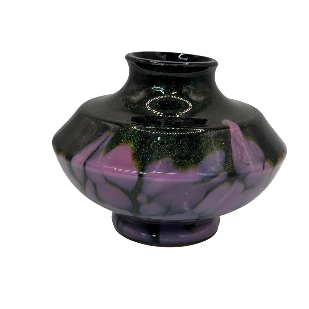 Hand-Blown Iridescent Glass Bud Vase Black Pink Purple Swirl Finish Glossy 4"