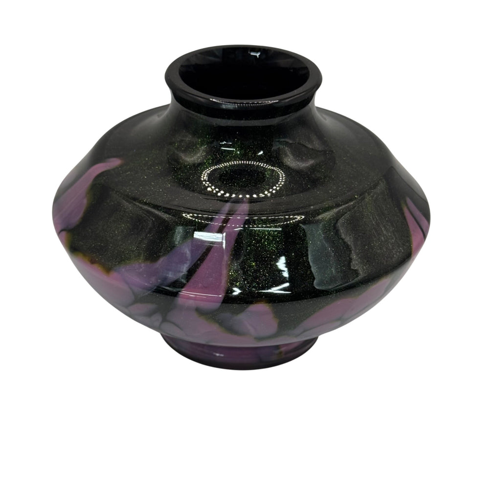 Hand-Blown Iridescent Glass Bud Vase Black Pink Purple Swirl Finish Glossy 4"