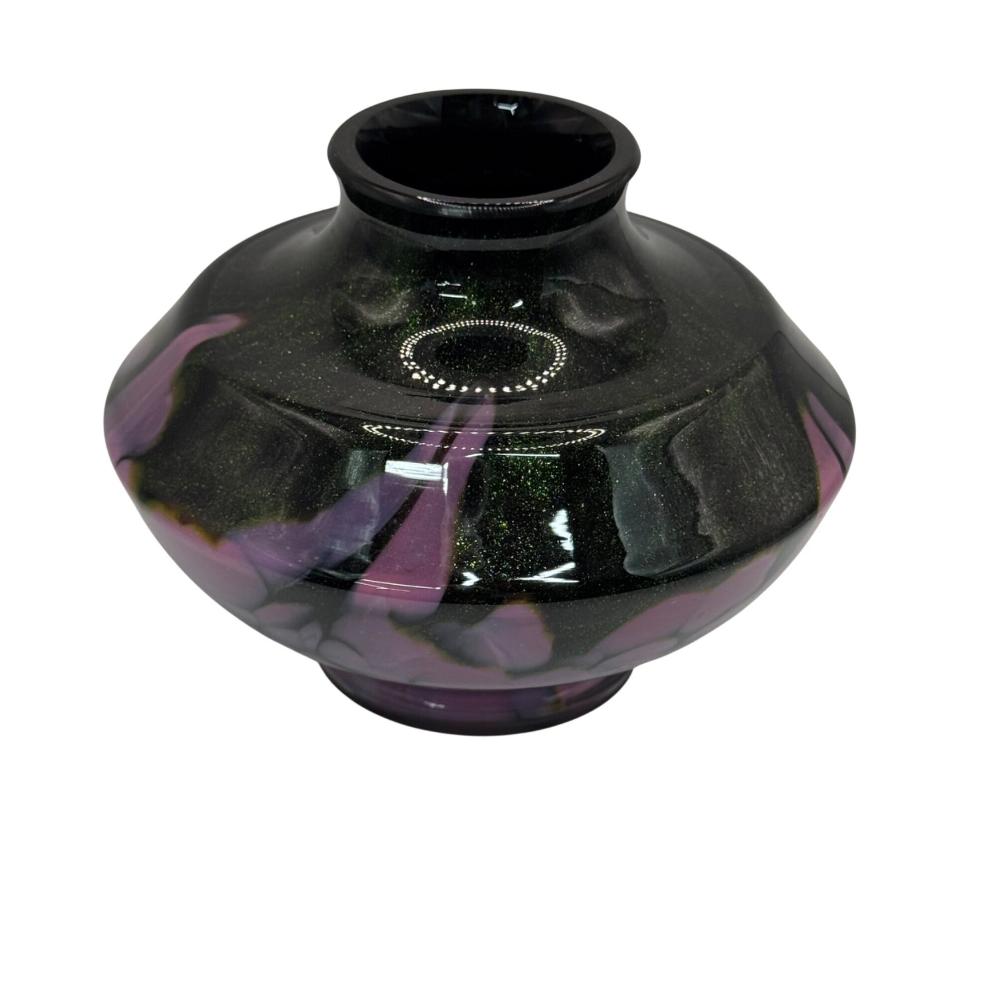 Hand-Blown Iridescent Glass Bud Vase Black Pink Purple Swirl Finish Glossy 4"