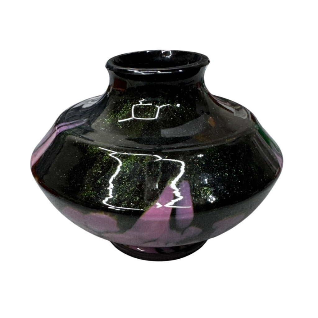 Hand-Blown Iridescent Glass Bud Vase Black Pink Purple Swirl Finish Glossy 4"