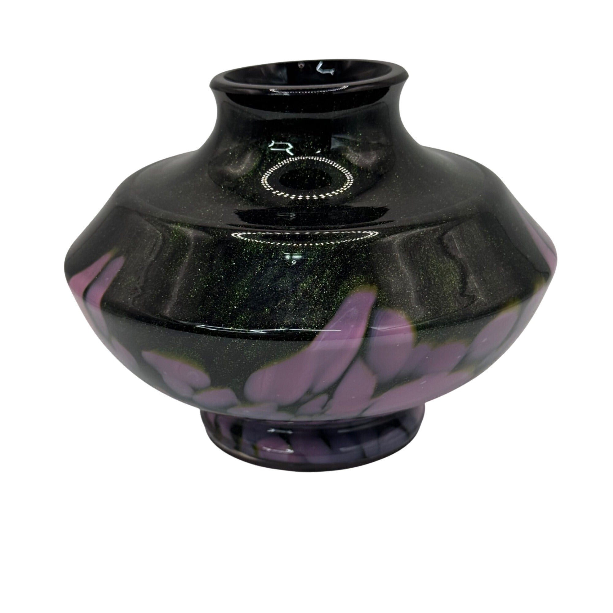 Hand-Blown Iridescent Glass Bud Vase Black Pink Purple Swirl Finish Glossy 4"