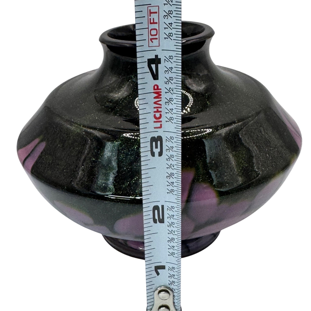Hand-Blown Iridescent Glass Bud Vase Black Pink Purple Swirl Finish Glossy 4"