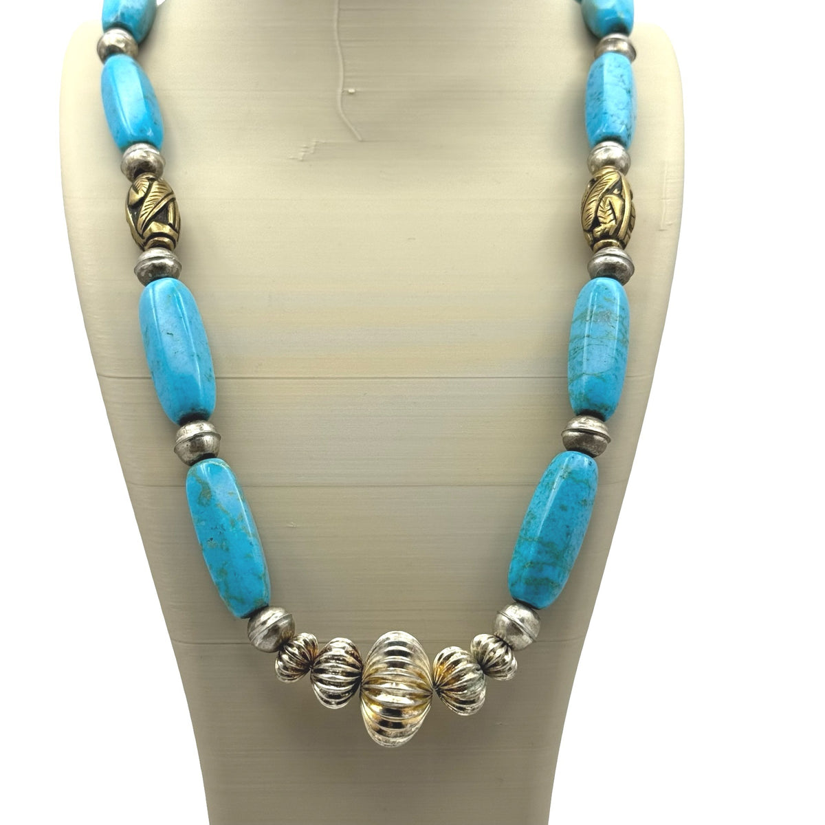 Chunky Turquoise Sterling Silver Beaded Necklace Southwest 24" Coastal Cowgirl