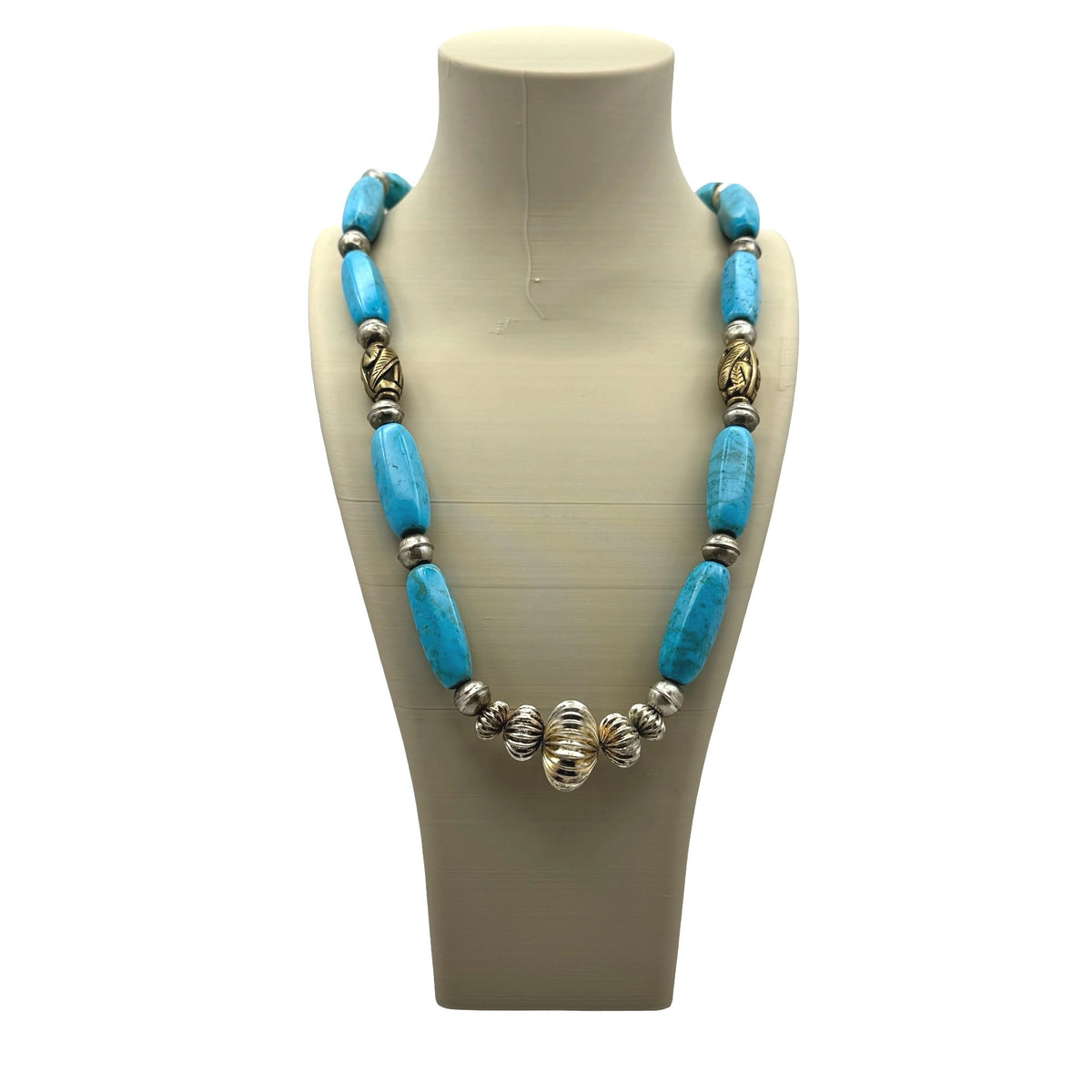 Chunky Turquoise Sterling Silver Beaded Necklace Southwest 24" Coastal Cowgirl