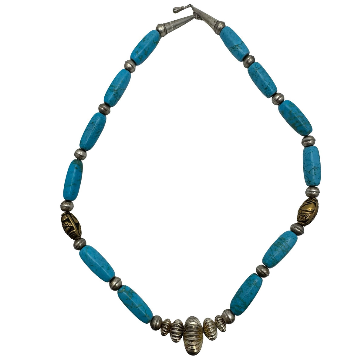 Chunky Turquoise Sterling Silver Beaded Necklace Southwest 24" Coastal Cowgirl