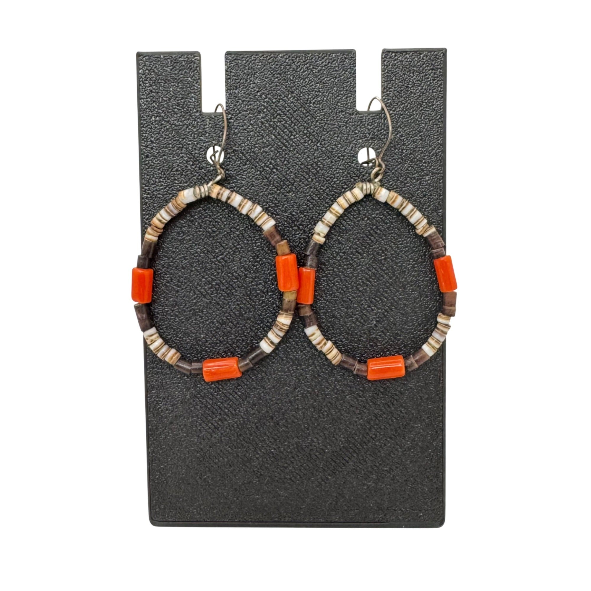 Vintage Heishi Spiny Oyster Hoop Earrings Orange & Brown Sterling Hooks 1.5"