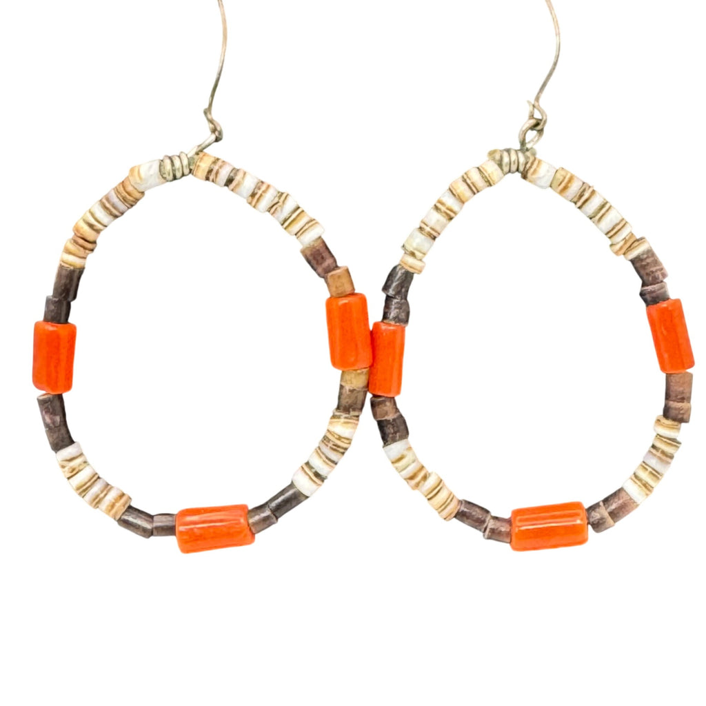 Vintage Heishi Spiny Oyster Hoop Earrings Orange & Brown Sterling Hooks 1.5"