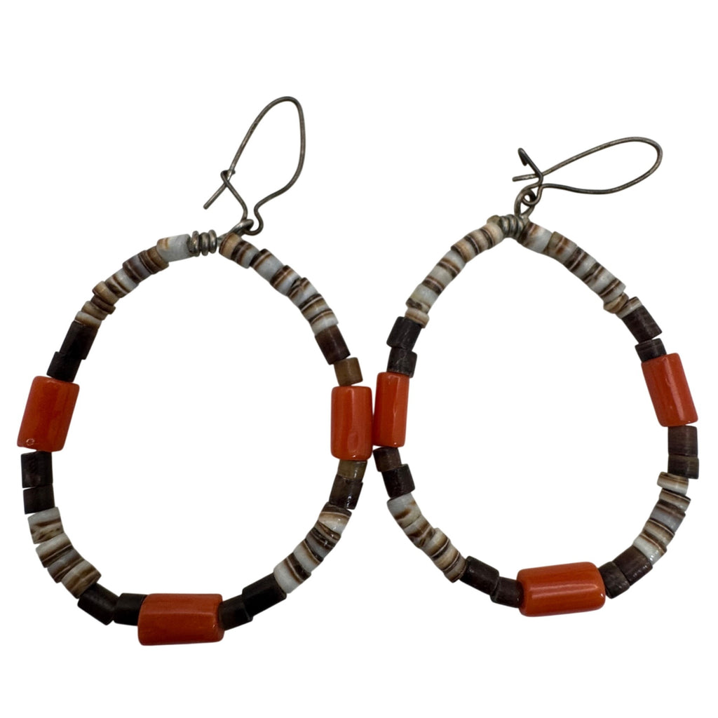 Vintage Heishi Spiny Oyster Hoop Earrings Orange & Brown Sterling Hooks 1.5"