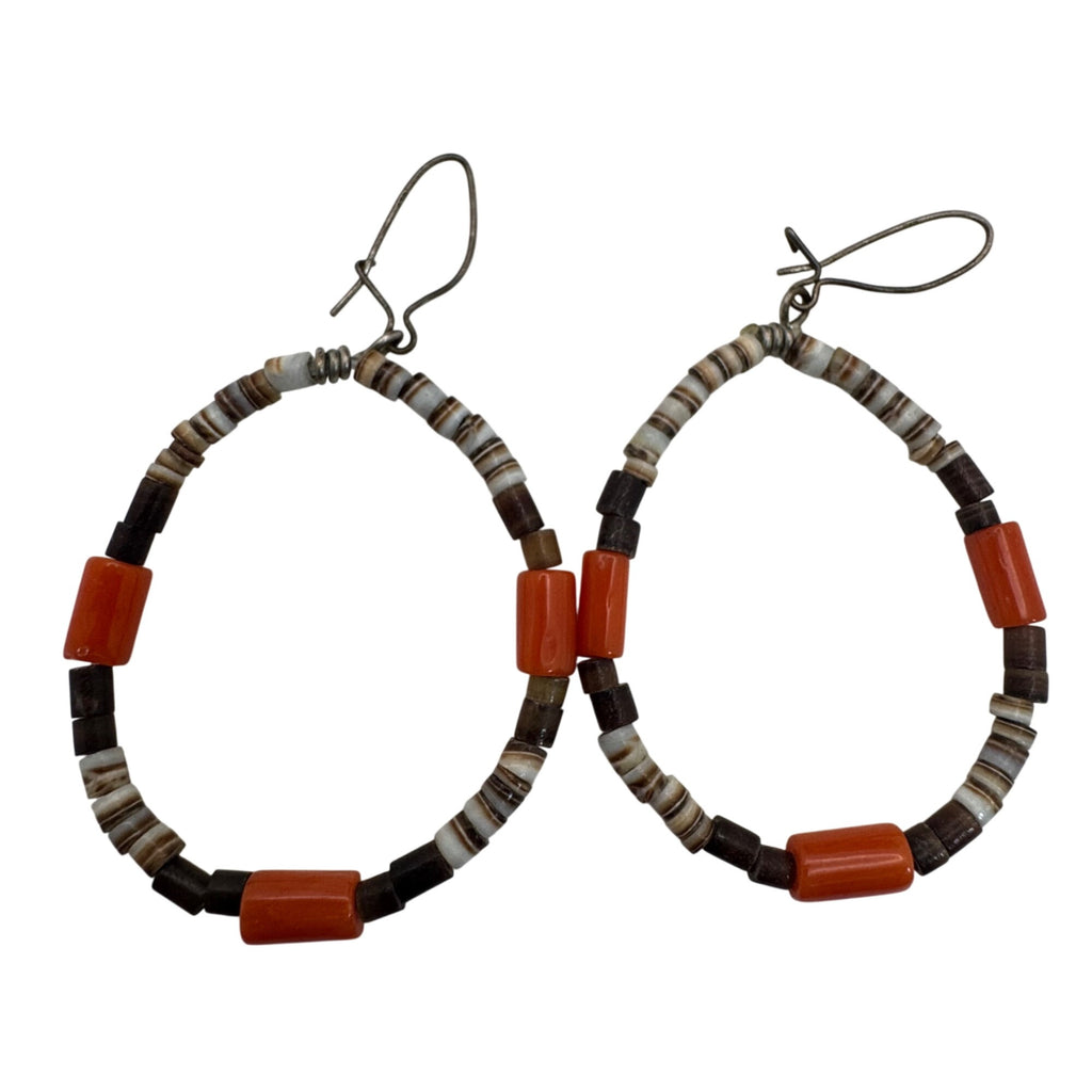 Vintage Heishi Spiny Oyster Hoop Earrings Orange & Brown Sterling Hooks 1.5"