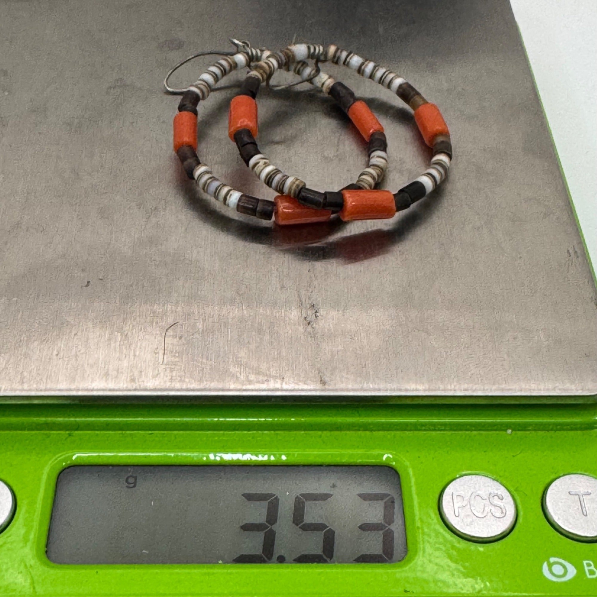 Vintage Heishi Spiny Oyster Hoop Earrings Orange & Brown Sterling Hooks 1.5"