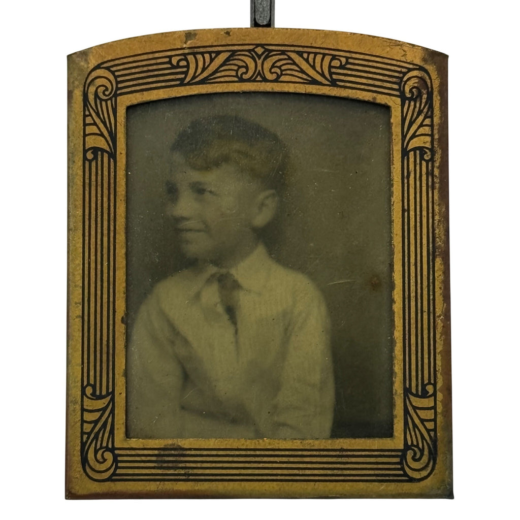 Antique Metal Framed Tintype Photo Of Young Boy In Suit Ornate Gold Border 2.5"
