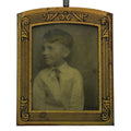 Antique Metal Framed Tintype Photo Of Young Boy In Suit Ornate Gold Border 2.5"