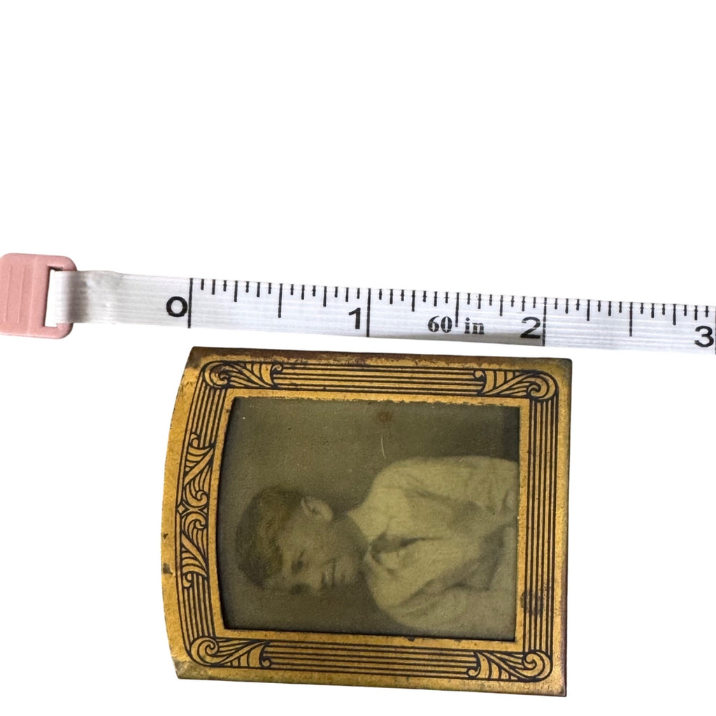 Antique Metal Framed Tintype Photo Of Young Boy In Suit Ornate Gold Border 2.5"