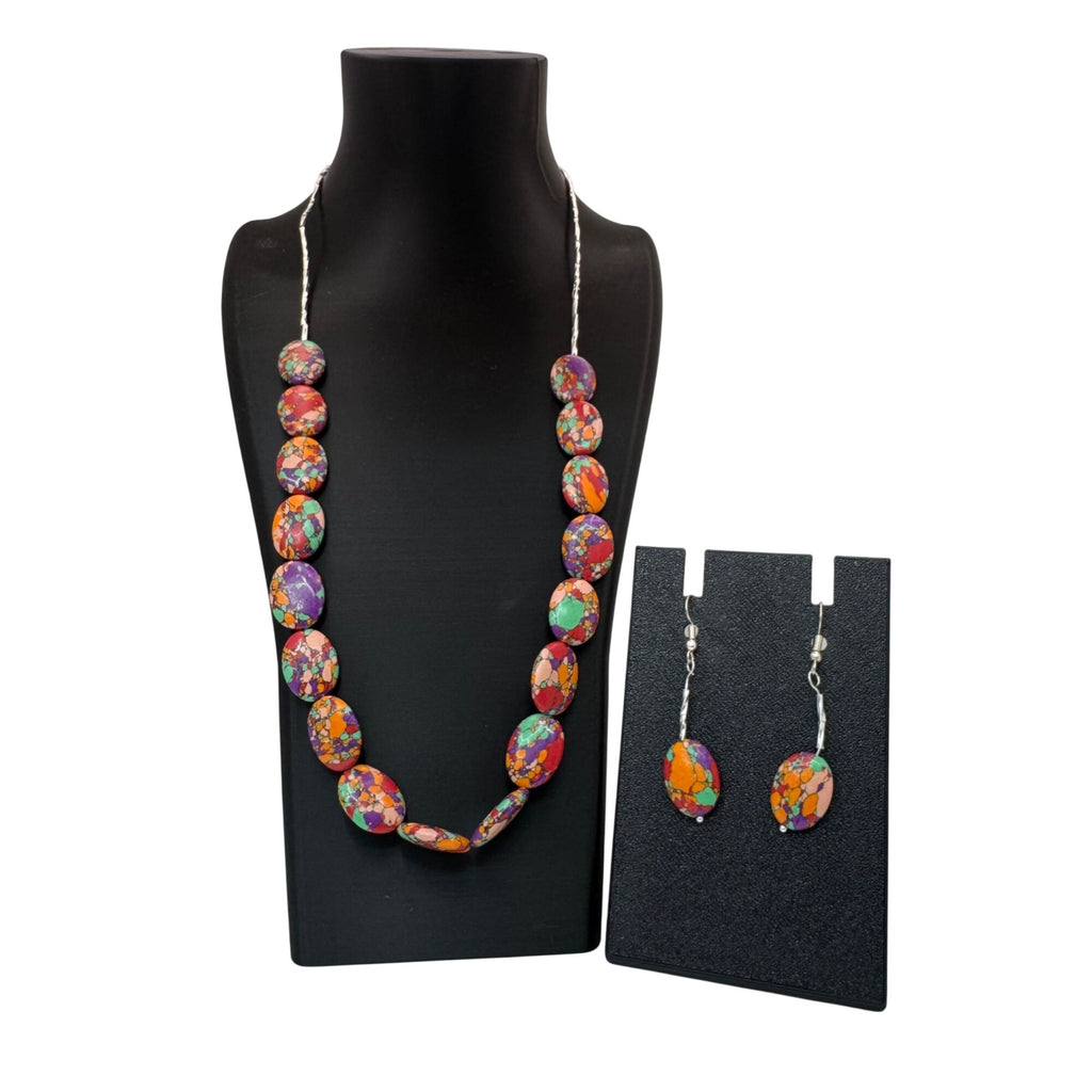 Rainbow Matrix Turquoise Statement 23" Necklace & 1.5" Earrings Set Oval Beads