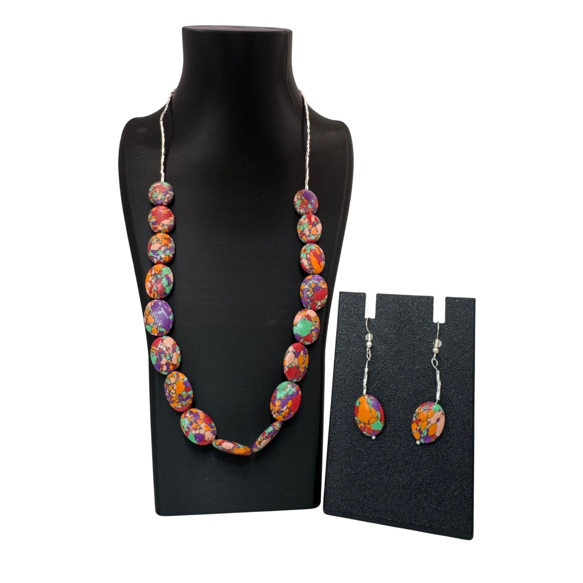 Rainbow Matrix Turquoise Statement 23" Necklace & 1.5" Earrings Set Oval Beads