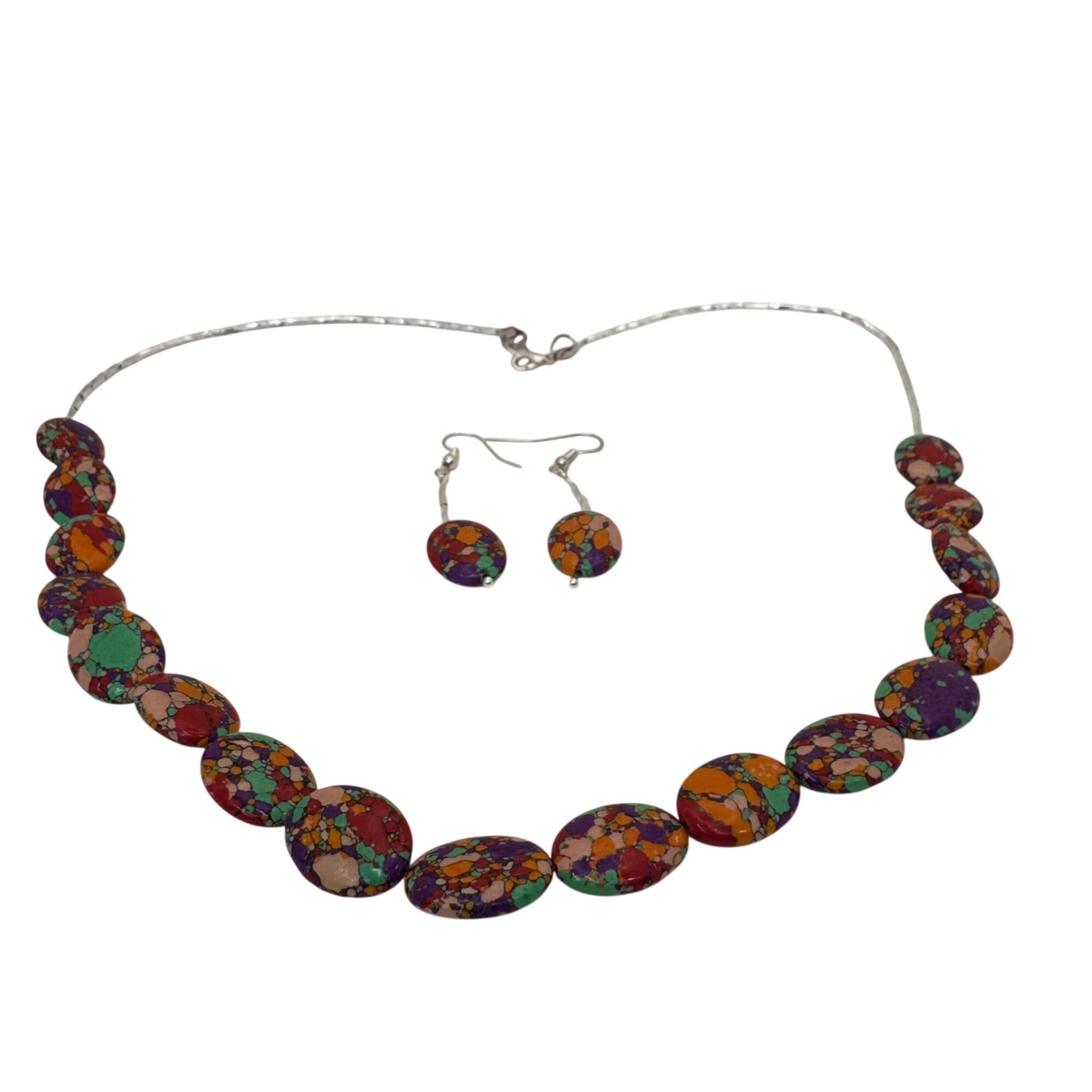 Rainbow Matrix Turquoise Statement 23" Necklace & 1.5" Earrings Set Oval Beads