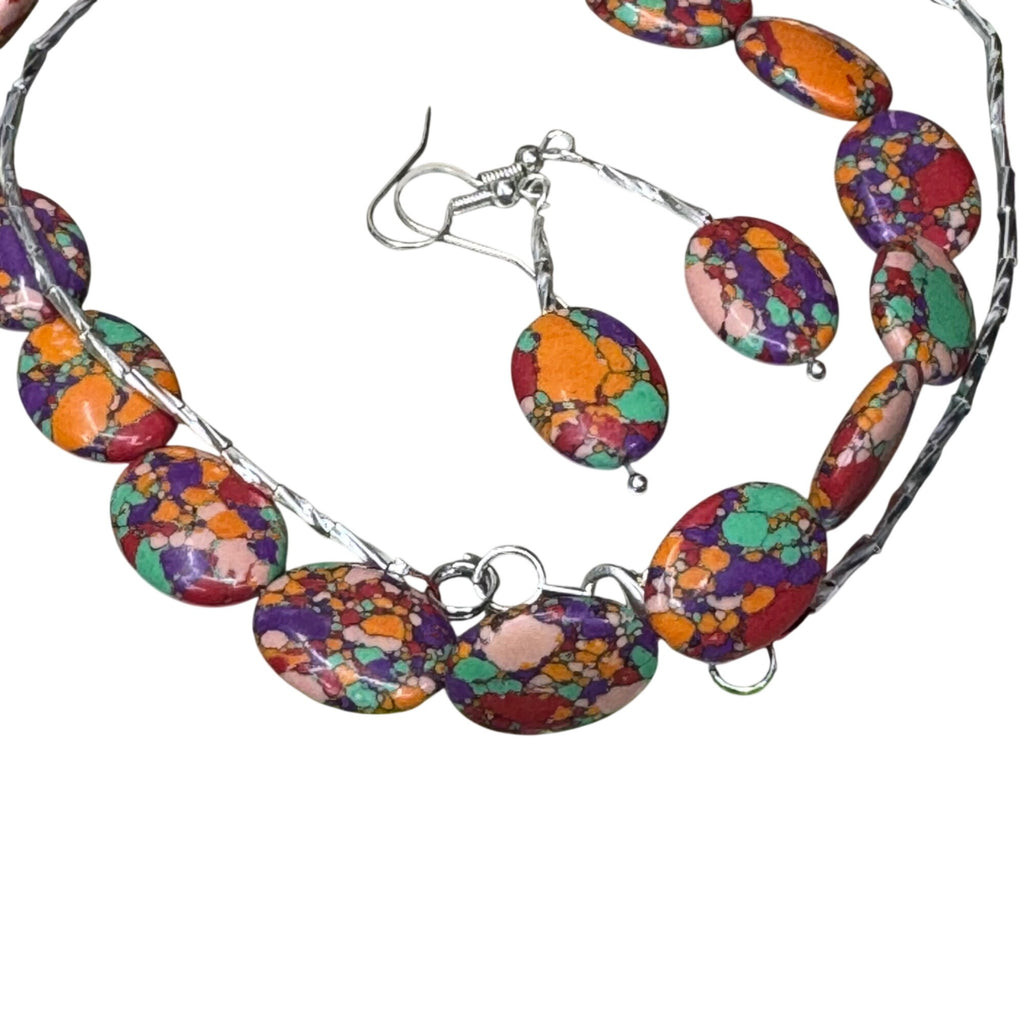 Rainbow Matrix Turquoise Statement 23" Necklace & 1.5" Earrings Set Oval Beads