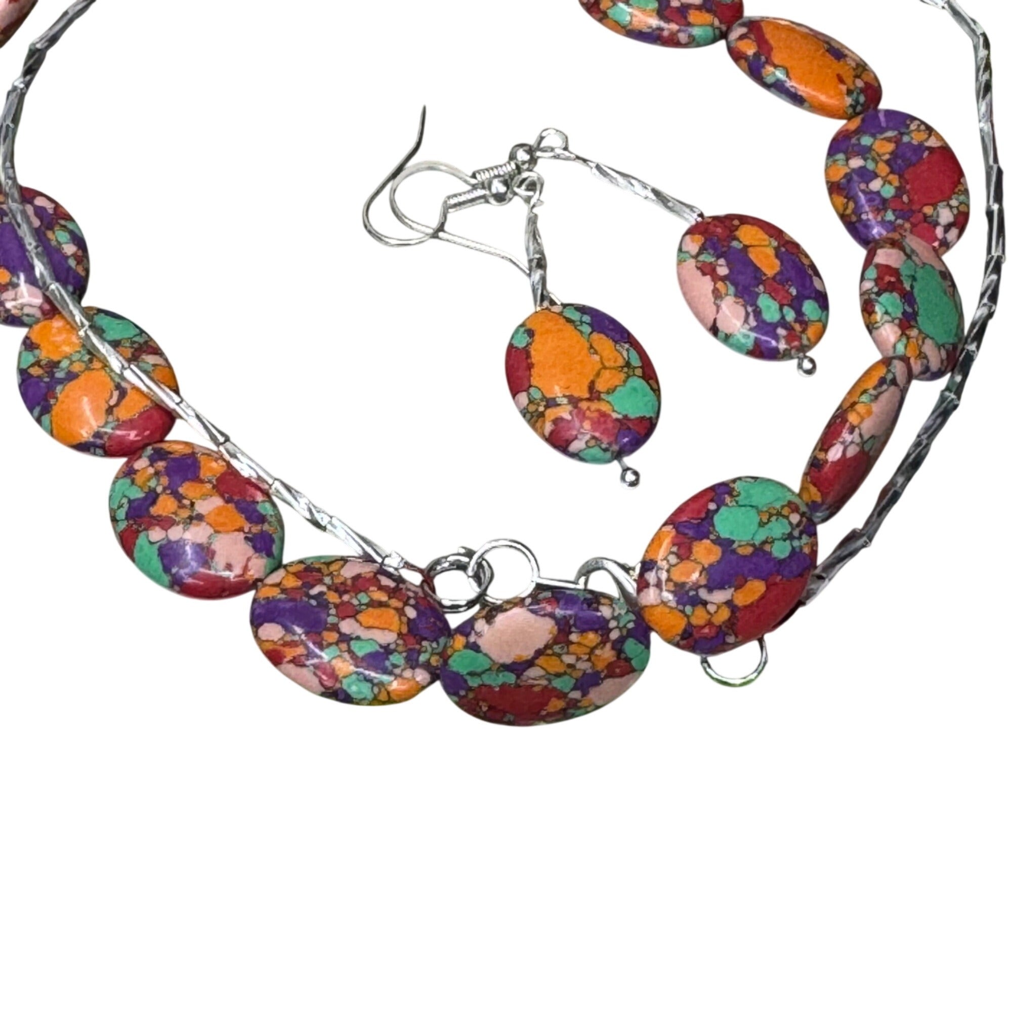 Rainbow Matrix Turquoise Statement 23" Necklace & 1.5" Earrings Set Oval Beads