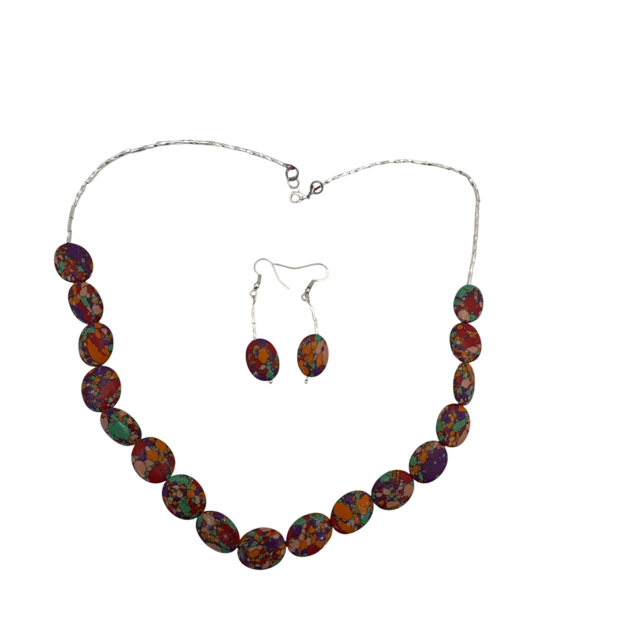 Rainbow Matrix Turquoise Statement 23" Necklace & 1.5" Earrings Set Oval Beads