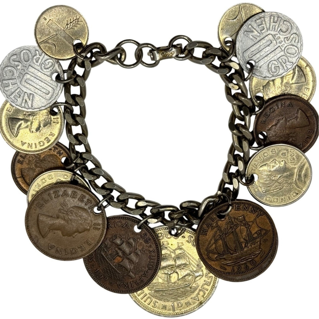 Real World Coin Bracelet VTG 50’s 15 Coins Europe Africa Asia Mexico Charm 7”