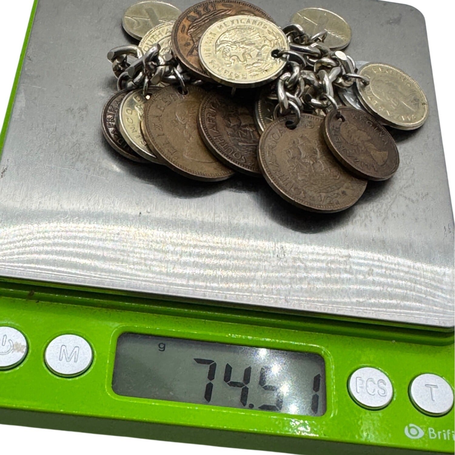 Real World Coin Bracelet VTG 50’s 15 Coins Europe Africa Asia Mexico Charm 7”