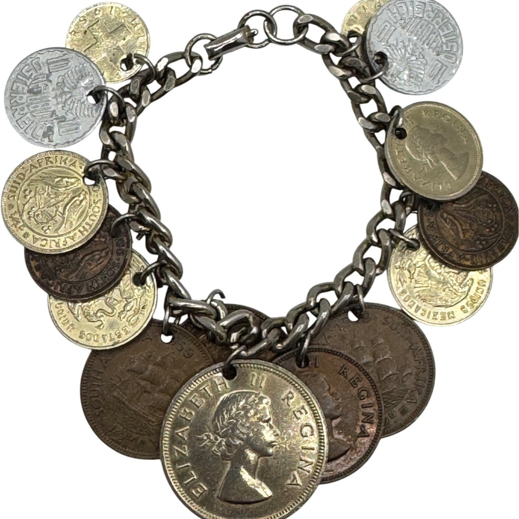 Real World Coin Bracelet VTG 50’s 15 Coins Europe Africa Asia Mexico Charm 7”