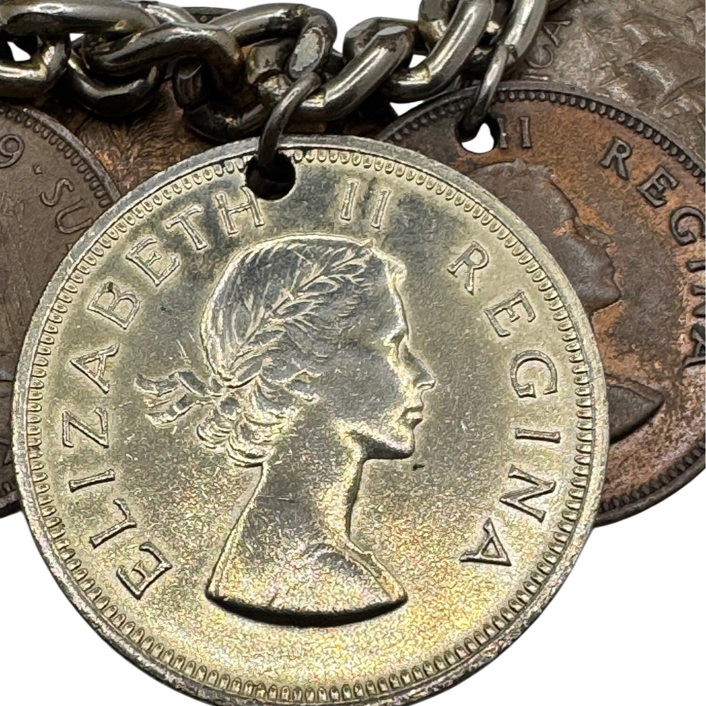 Real World Coin Bracelet VTG 50’s 15 Coins Europe Africa Asia Mexico Charm 7”