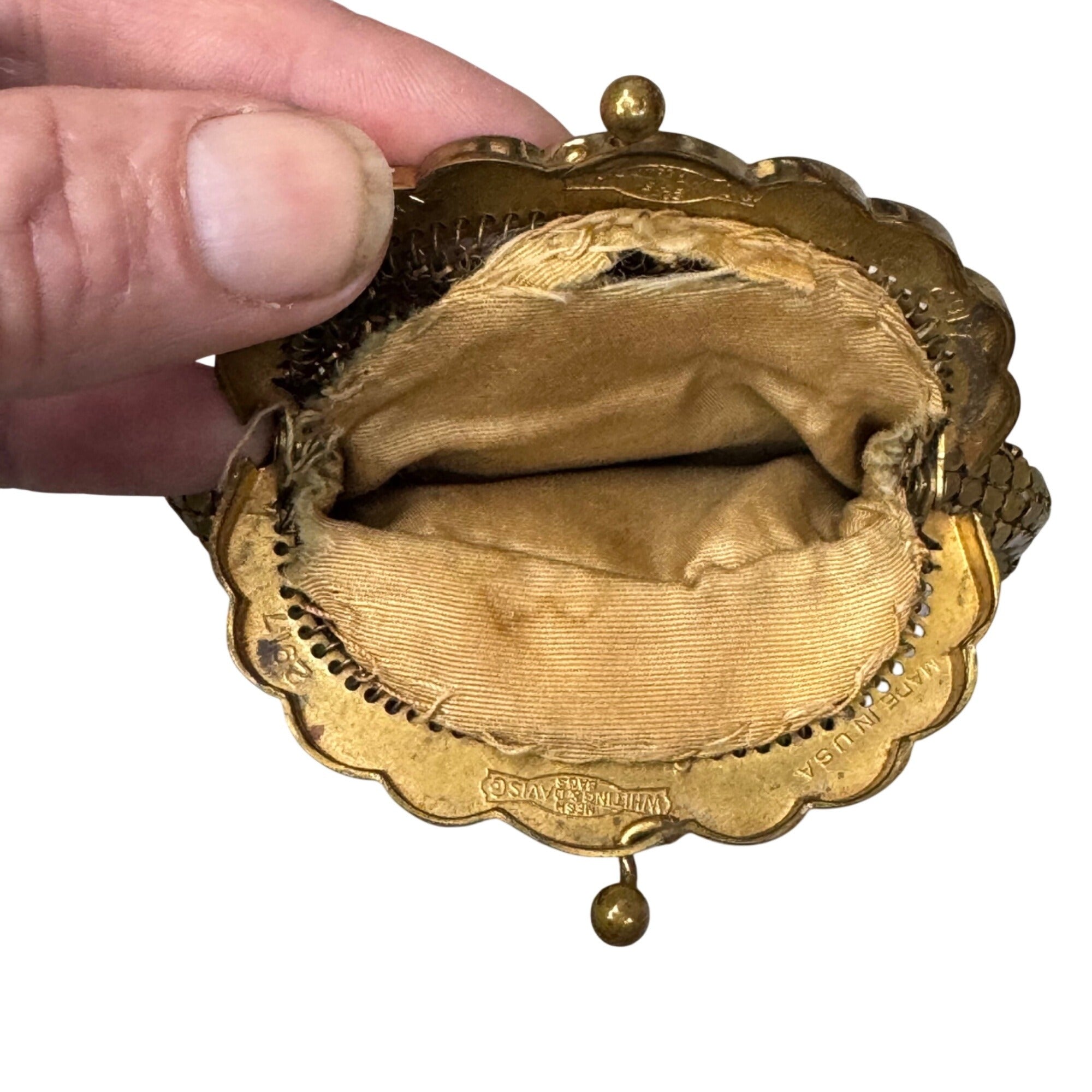 Vintage Whiting & Davis Gold Mesh Coin Purse Art Deco Kiss Lock Made In USA READ