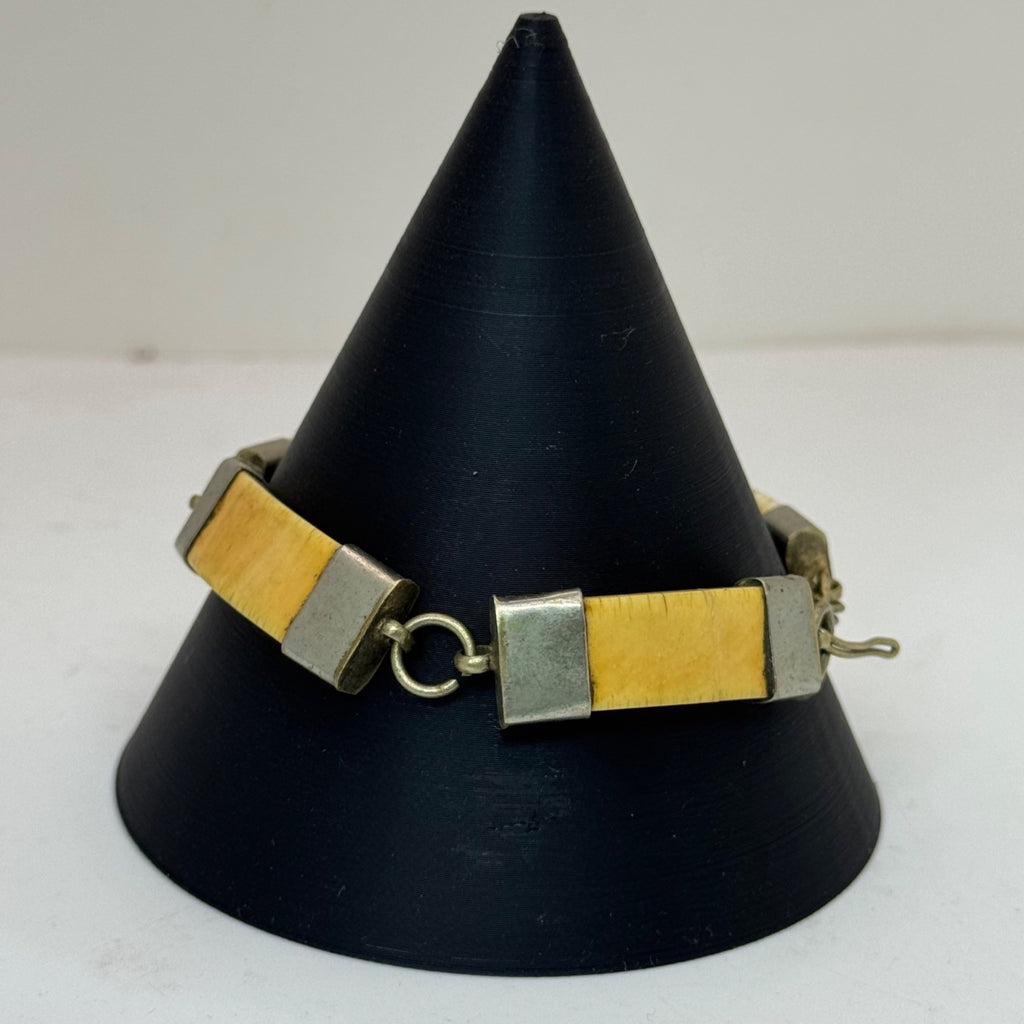 Bovine Bone or Horn Art Deco Bracelet 1920s Vintage Yellow Metal Link Bracelet