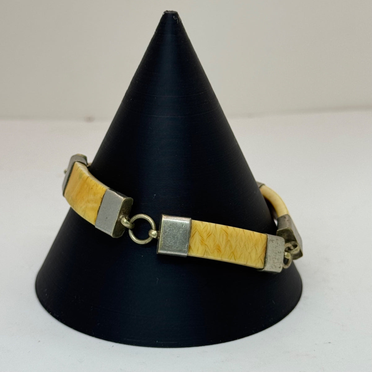 Bovine Bone or Horn Art Deco Bracelet 1920s Vintage Yellow Metal Link Bracelet