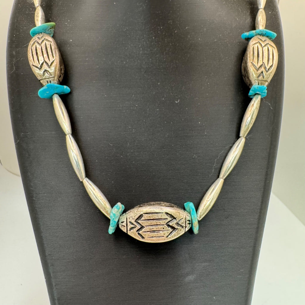 Vintage Navajo Pearls Sterling Silver Turquoise Beaded Necklace Engraved 28” 59g