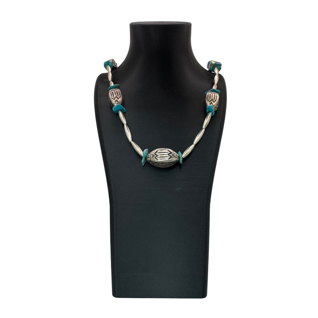 Vintage Navajo Pearls Sterling Silver Turquoise Beaded Necklace Engraved 28” 59g