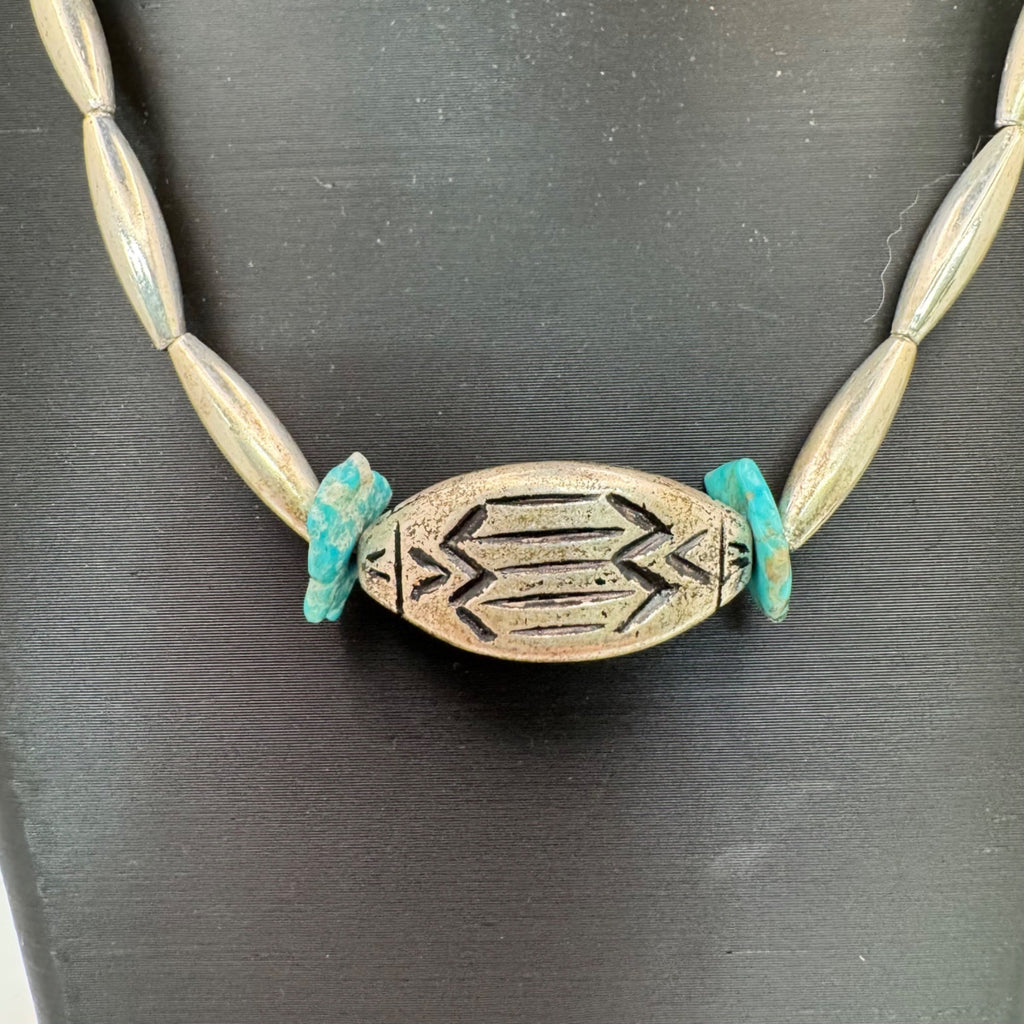 Vintage Navajo Pearls Sterling Silver Turquoise Beaded Necklace Engraved 28” 59g