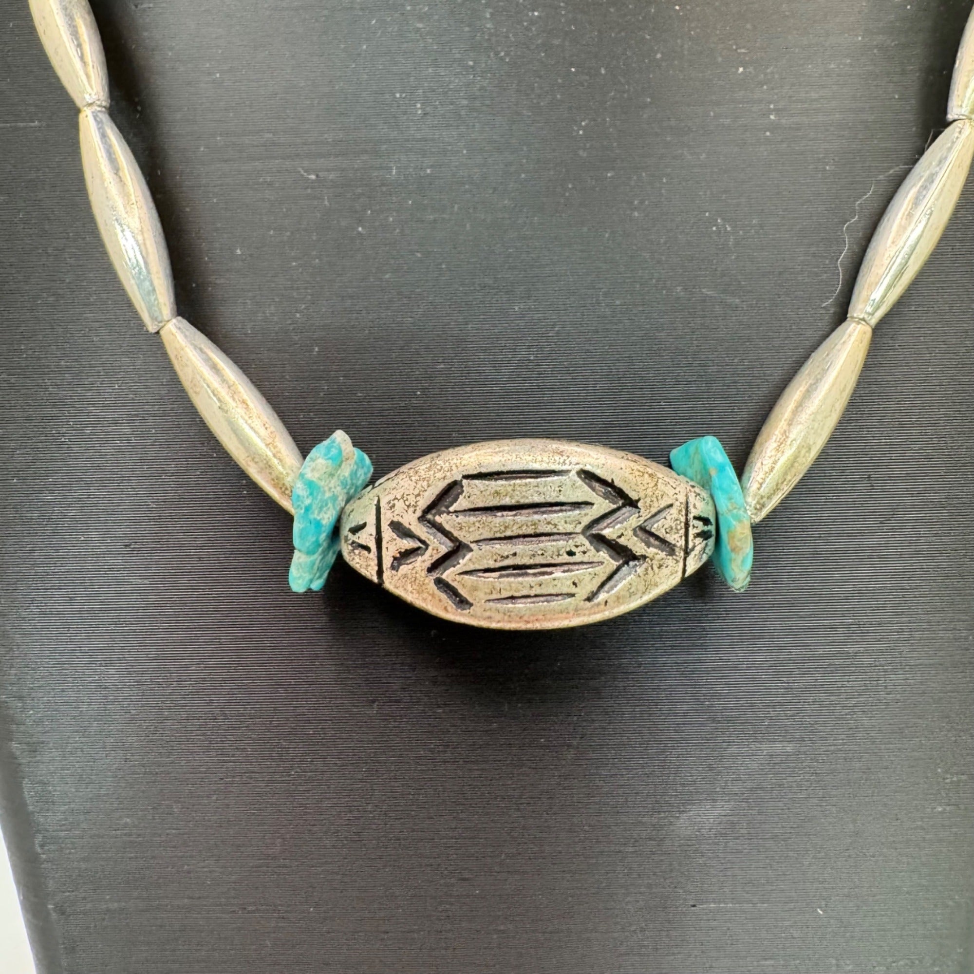Vintage Navajo Pearls Sterling Silver Turquoise Beaded Necklace Engraved 28” 59g