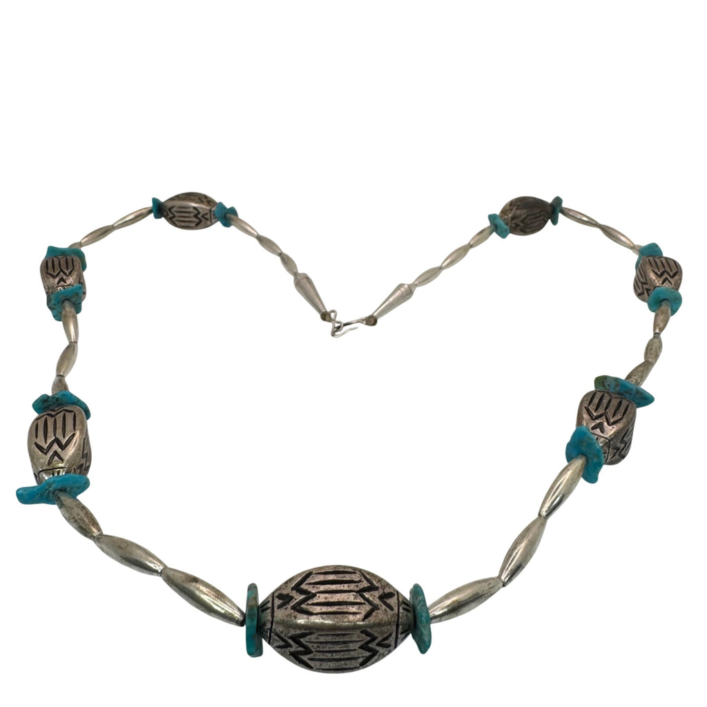 Vintage Navajo Pearls Sterling Silver Turquoise Beaded Necklace Engraved 28” 59g