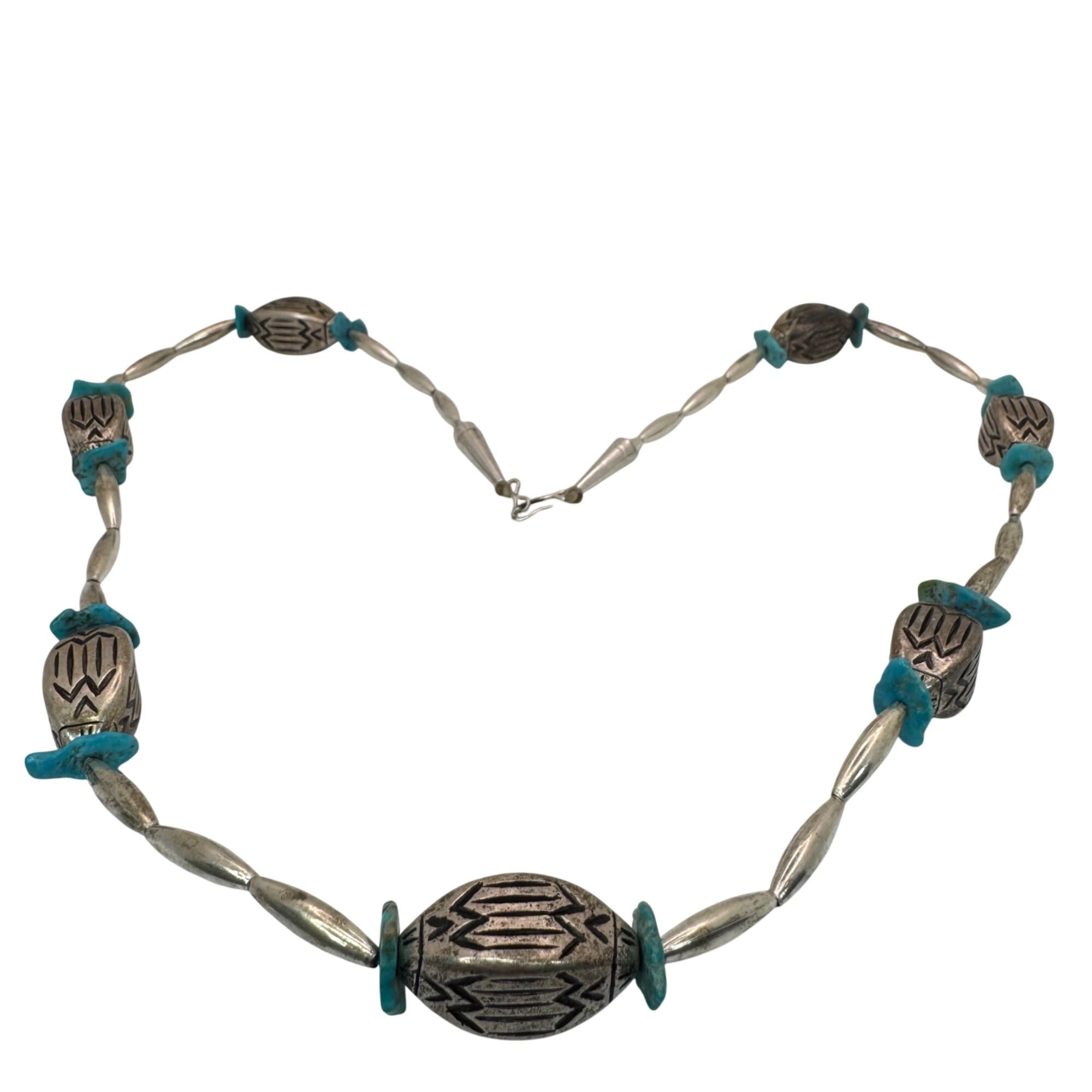 Vintage Navajo Pearls Sterling Silver Turquoise Beaded Necklace Engraved 28” 59g
