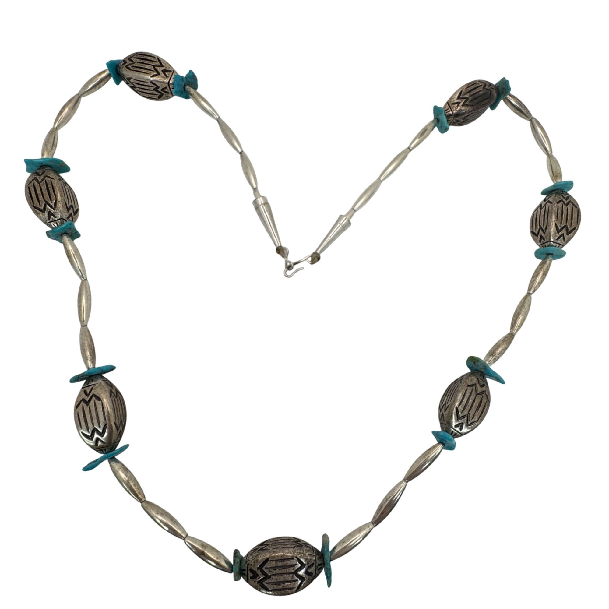 Vintage Navajo Pearls Sterling Silver Turquoise Beaded Necklace Engraved 28” 59g