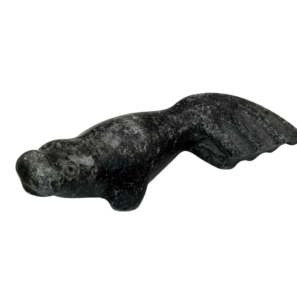 Vintage Inuit Carved Black Stone Walrus Seal Figurine 3.5" Handcrafted Soapstone
