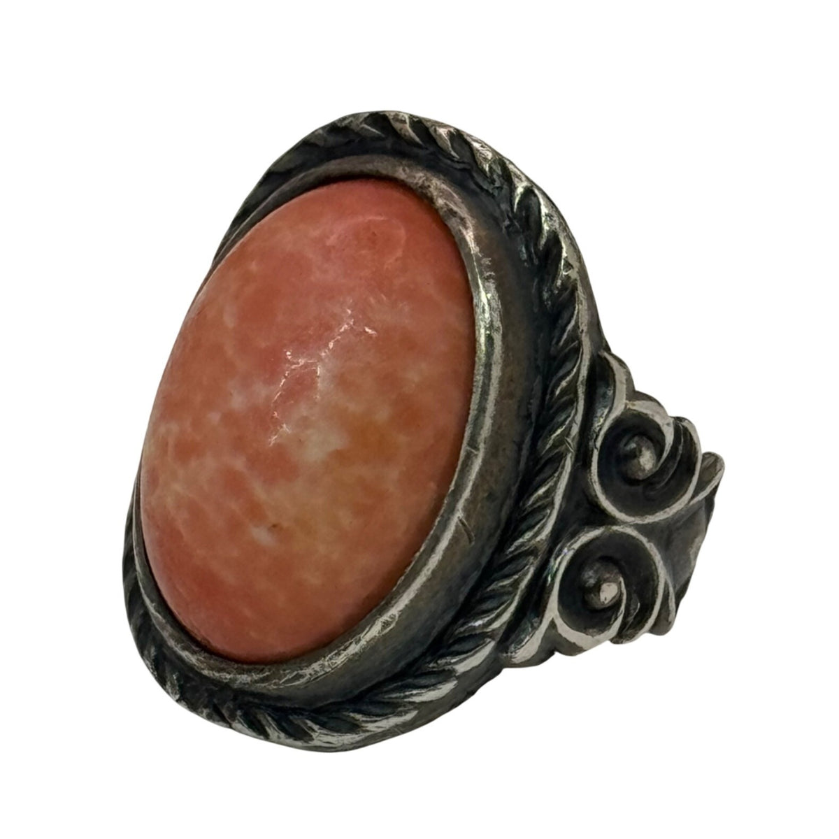 Spiny Oyster Sterling Silver Ring Oval Pink Cabochon Stone 4 Vintage Scrollwork