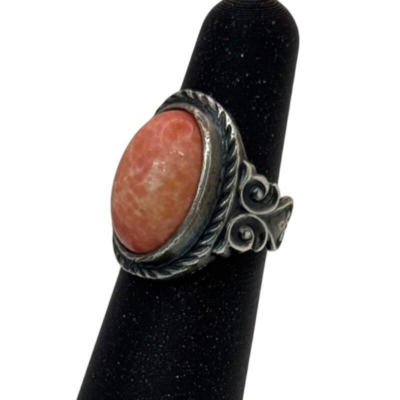 Spiny Oyster Sterling Silver Ring Oval Pink Cabochon Stone 4 Vintage Scrollwork