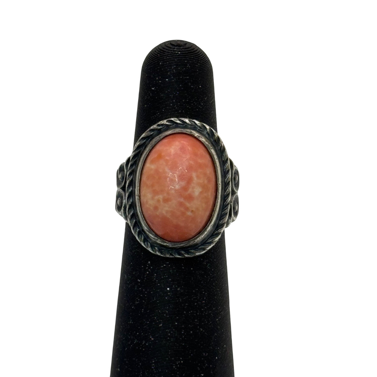 Spiny Oyster Sterling Silver Ring Oval Pink Cabochon Stone 4 Vintage Scrollwork