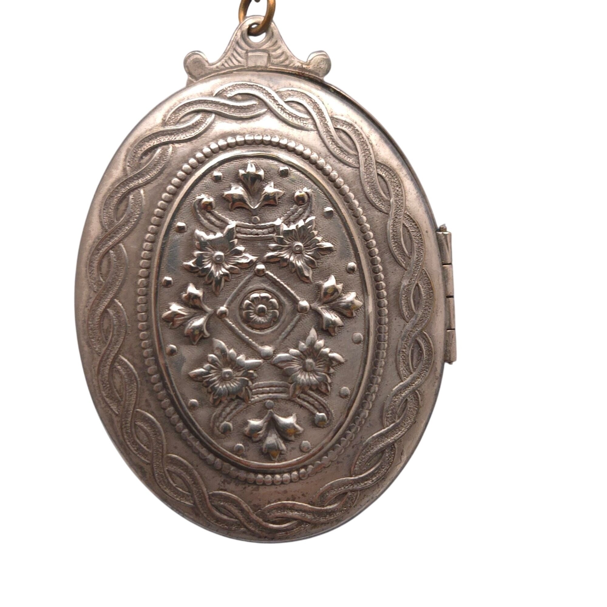 Floral Locket Necklace Etched Chain Pendant Vtg Silver Oval Art Deco Victorian